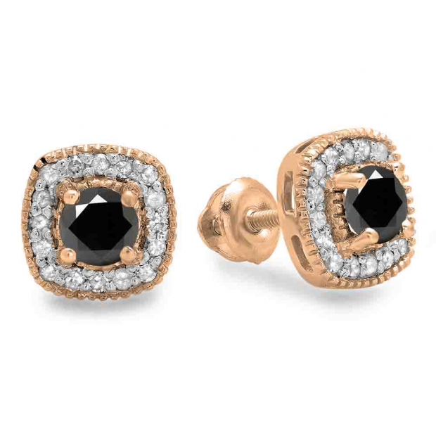 0.75 Carat (ctw) 14K Rose Gold Round Cut Black & White Diamond Ladies Halo Stud Earrings 3/4 CT