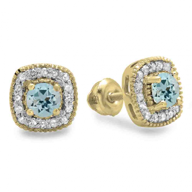 0.75 Carat (ctw) 14K Yellow Gold Round Cut Aquamarine & White Diamond Ladies Halo Stud Earrings 3/4 CT