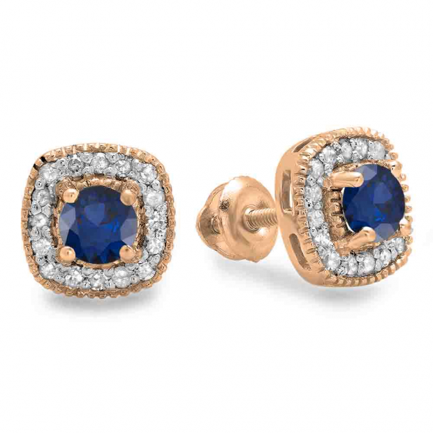 0.75 Carat (ctw) 10K Rose Gold Round Cut Blue Sapphire & White Diamond Ladies Halo Stud Earrings 3/4 CT