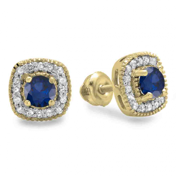 0.75 Carat (ctw) 10K Yellow Gold Round Cut Blue Sapphire & White Diamond Ladies Halo Stud Earrings 3/4 CT