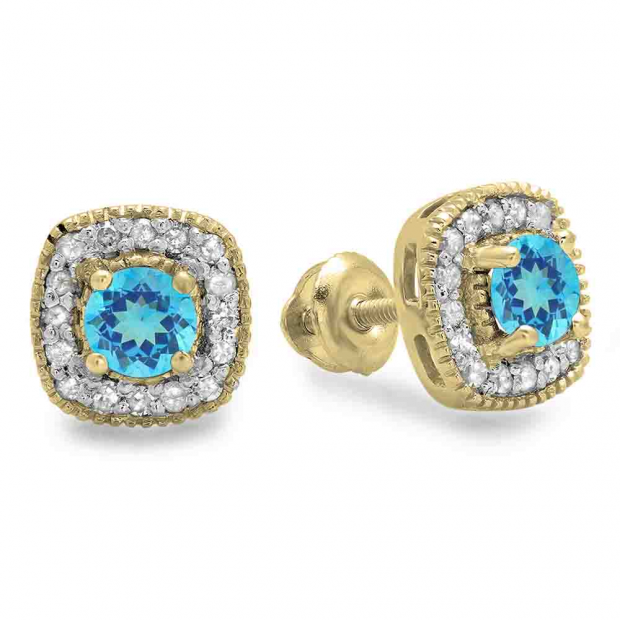 0.75 Carat (ctw) 10K Yellow Gold Round Cut Blue Topaz & White Diamond Ladies Halo Stud Earrings 3/4 CT