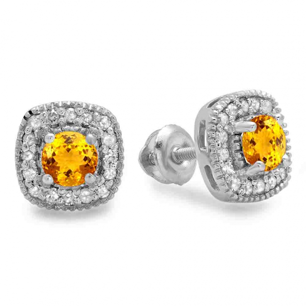0.75 Carat (ctw) 14K White Gold Round Cut Citrine & White Diamond Ladies Halo Stud Earrings 3/4 CT