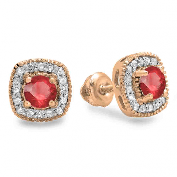 0.75 Carat (ctw) 14K Rose Gold Round Cut Ruby & White Diamond Ladies Halo Stud Earrings 3/4 CT