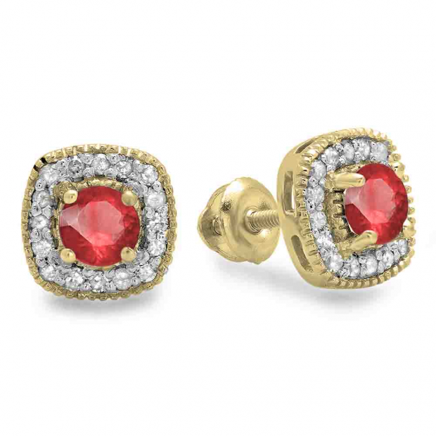 0.75 Carat (ctw) 18K Yellow Gold Round Cut Ruby & White Diamond Ladies Halo Stud Earrings 3/4 CT