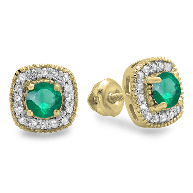 0.75 Carat (ctw) 14K Yellow Gold Round Cut Emerald & White Diamond Ladies Halo Stud Earrings 3/4 CT