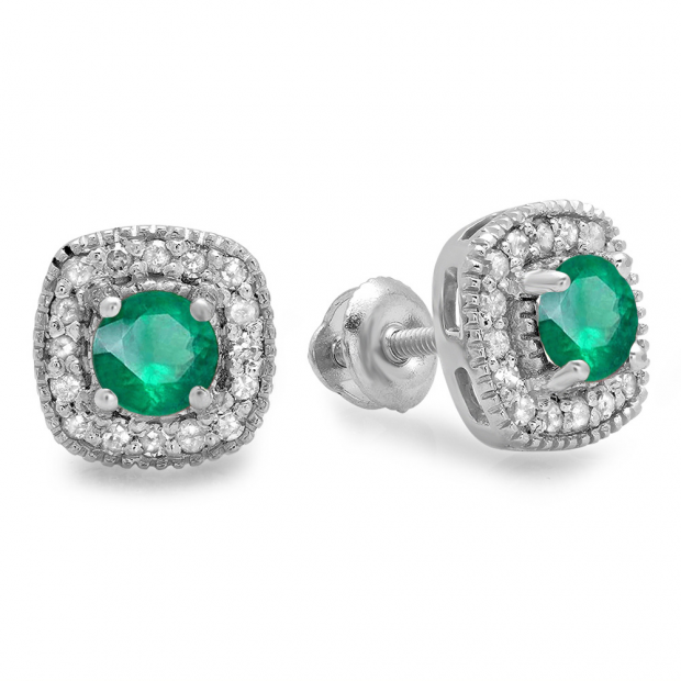 0.75 Carat (ctw) Sterling Silver Round Cut Green Emerald & White Diamond Ladies Halo Stud Earrings 3/4 CT