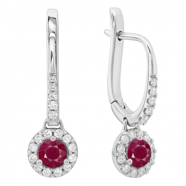 0.47 Carat (ctw) 10K White Gold Round Ruby & White Diamond Ladies Halo Style Dangling Drop Earrings 1/2 CT