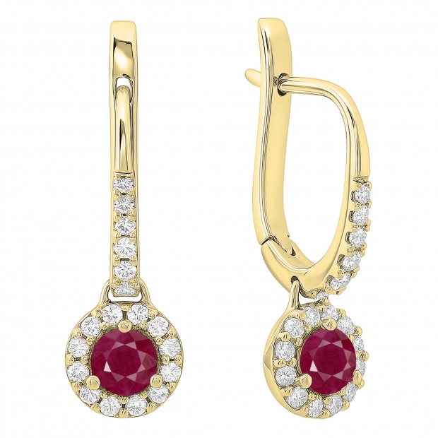 0.47 Carat (ctw) 14K Yellow Gold Round Ruby & White Diamond Ladies Halo Style Dangling Drop Earrings 1/2 CT