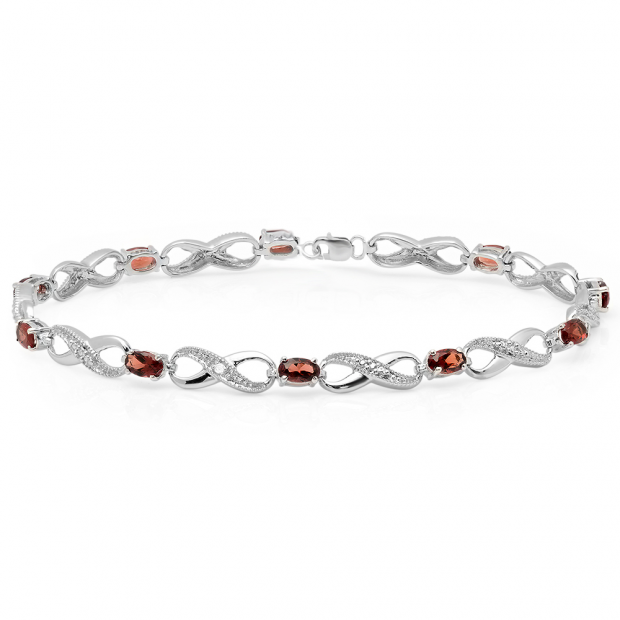 2.70 Carat (ctw) 14K White Gold Real Oval Cut Garnet & Round Cut White Diamond Ladies Infinity Link Tennis Bracelet