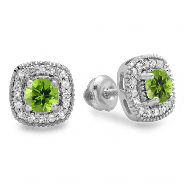 0.75 Carat (ctw) Sterling Silver Round Cut Peridot & White Diamond Ladies Halo Stud Earrings 3/4 CT