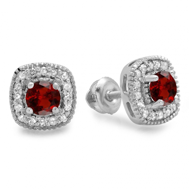 0.75 Carat (ctw) Sterling Silver Round Cut Garnet & White Diamond Ladies Halo Stud Earrings 3/4 CT