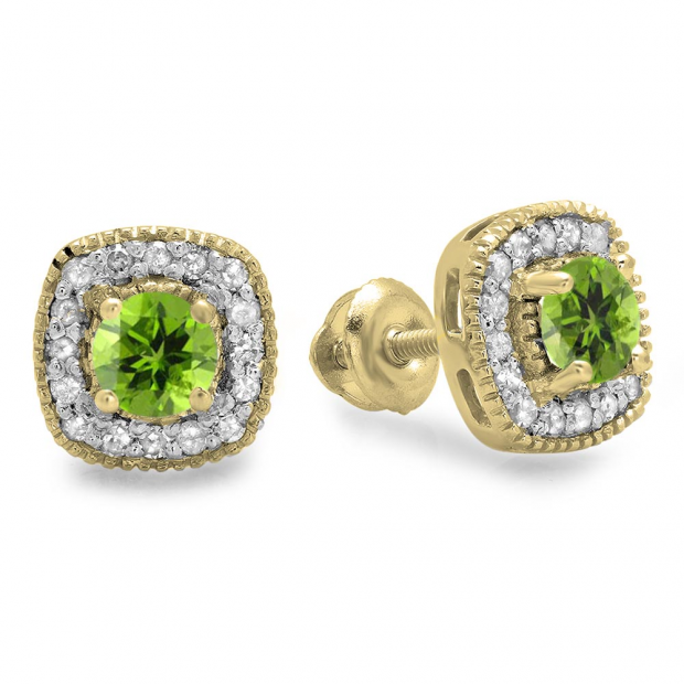 0.75 Carat (ctw) 10K Yellow Gold Round Cut Peridot & White Diamond Ladies Halo Stud Earrings 3/4 CT