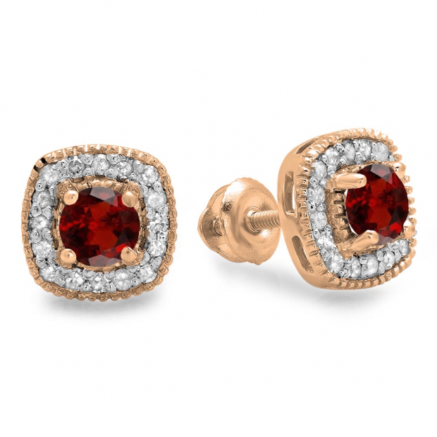0.75 Carat (ctw) 10K Rose Gold Round Cut Garnet & White Diamond Ladies Halo Stud Earrings 3/4 CT