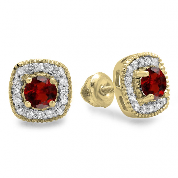 0.75 Carat (ctw) 14K Yellow Gold Round Cut Garnet & White Diamond Ladies Halo Stud Earrings 3/4 CT