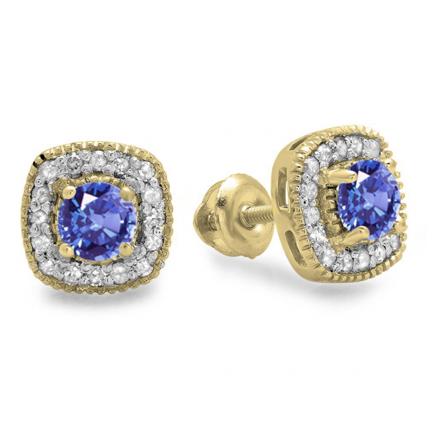 0.75 Carat (ctw) 14K Yellow Gold Round Cut Tanzanite & White Diamond Ladies Halo Stud Earrings 3/4 CT