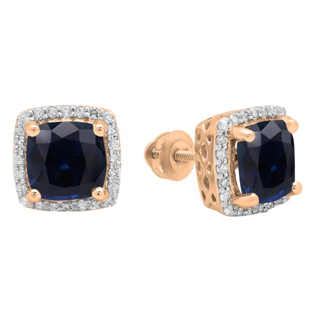 2.80 Carat (ctw) 10K Rose Gold Cushion Cut Blue Sapphire & Round Cut White Diamond Ladies Square Frame Halo Stud Earrings