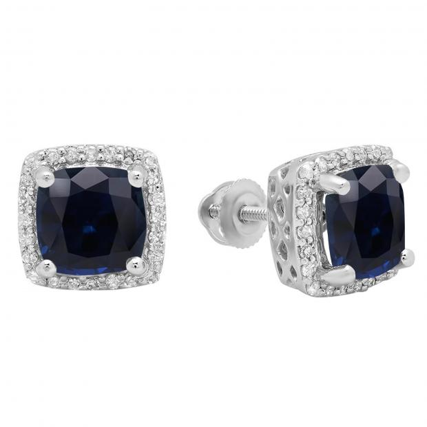 2.80 Carat (ctw) 10K White Gold Cushion Cut Blue Sapphire & Round Cut White Diamond Ladies Square Frame Halo Stud Earrings
