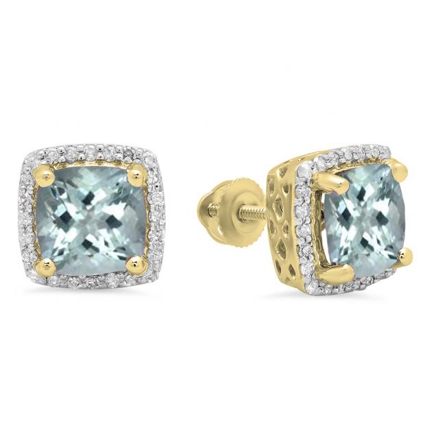 2.80 Carat (ctw) 18K Yellow Gold Cushion Cut Aquamarine & Round Cut White Diamond Ladies Square Frame Halo Stud Earrings