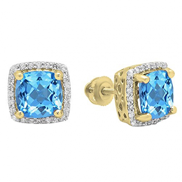 2.80 Carat (ctw) 14K Yellow Gold Cushion Cut Blue Topaz & Round Cut White Diamond Ladies Square Frame Halo Stud Earrings