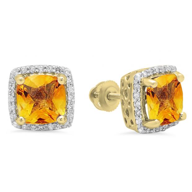 2.80 Carat (ctw) 14K Yellow Gold Cushion Cut Citrine & Round Cut White Diamond Ladies Square Frame Halo Stud Earrings