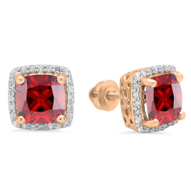 2.80 Carat (ctw) 14K Rose Gold Cushion Cut Garnet & Round Cut White Diamond Ladies Square Frame Halo Stud Earrings