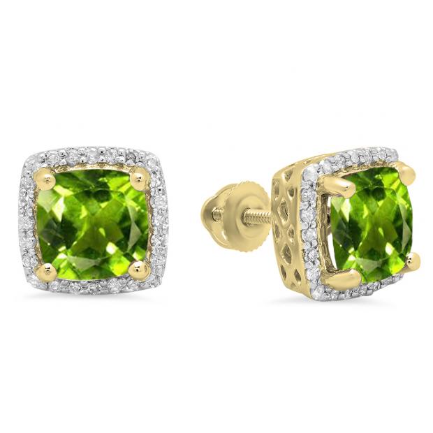 2.80 Carat (ctw) 14K Yellow Gold Cushion Cut Peridot & Round Cut White Diamond Ladies Square Frame Halo Stud Earrings