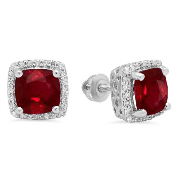 2.80 Carat (ctw) 14K White Gold Cushion Cut Ruby & Round Cut White Diamond Ladies Square Frame Halo Stud Earrings