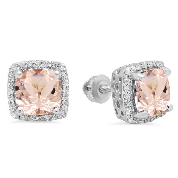 2.80 Carat (ctw) 10K White Gold Cushion Cut Morganite & Round Cut White Diamond Ladies Square Frame Halo Stud Earrings