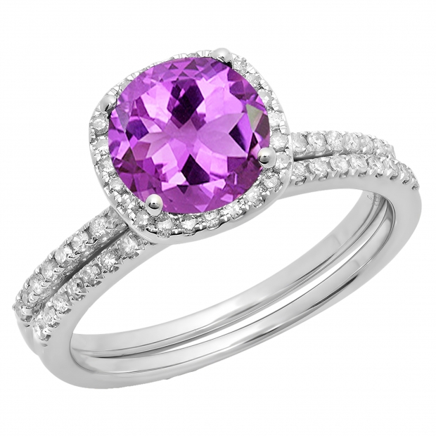 1.75 Carat (ctw) 14K White Gold Round Cut Amethyst & White Diamond Ladies Bridal Halo Engagement Ring With Matching Band Set 1 3/4 CT