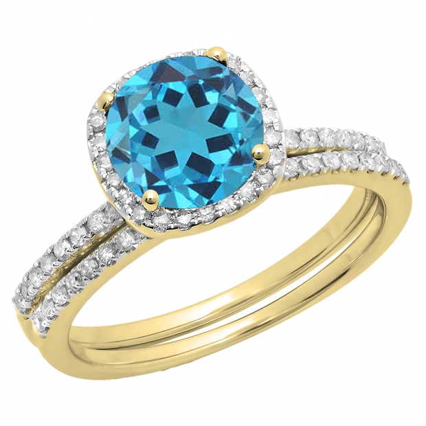 1.75 Carat (ctw) 14K Yellow Gold Round Cut Blue Topaz & White Diamond Ladies Bridal Halo Engagement Ring With Matching Band Set 1 3/4 CT