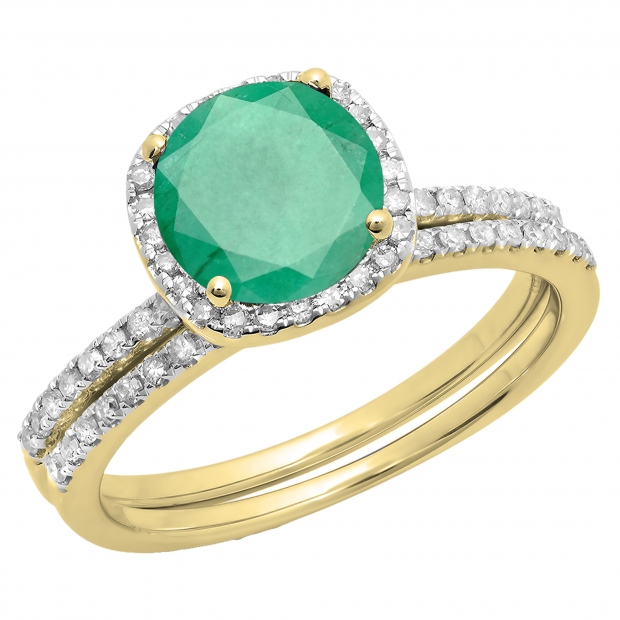 1.75 Carat (ctw) 18K Yellow Gold Round Cut Emerald & White Diamond Ladies Bridal Halo Engagement Ring With Matching Band Set 1 3/4 CT