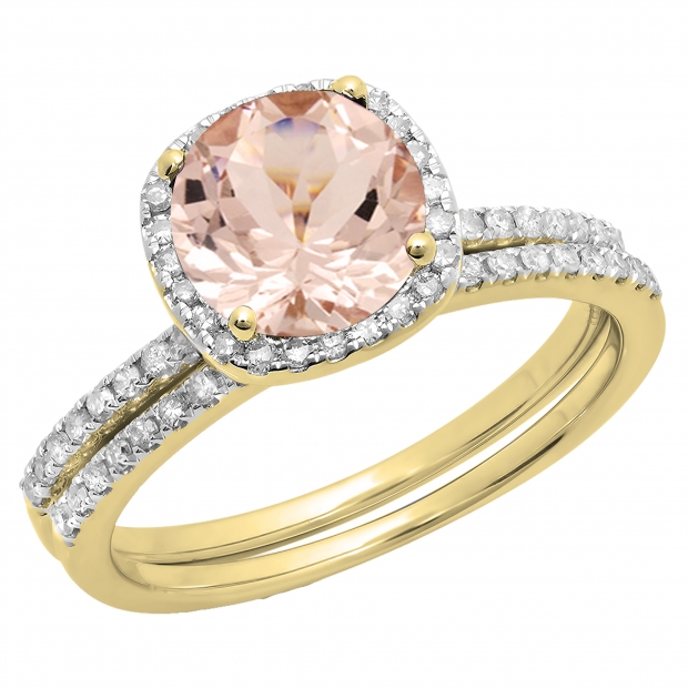 1.75 Carat (ctw) 10K Yellow Gold Round Cut Morganite & White Diamond Ladies Bridal Halo Engagement Ring With Matching Band Set 1 3/4 CT