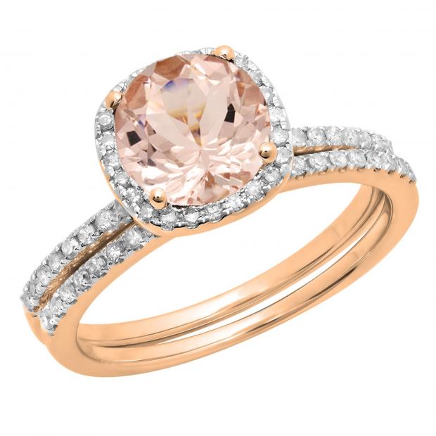 10K Rose Gold Round 7 MM Morganite & Cubic Zirconia Ladies Halo Engagement Ring Set