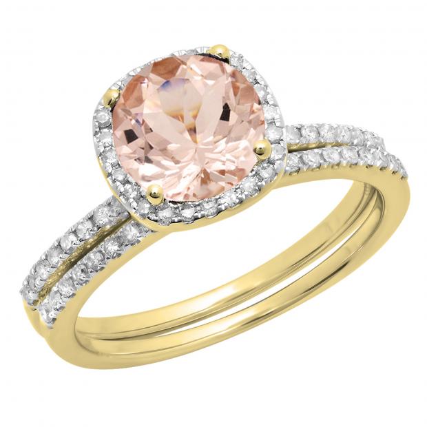 10K Yellow Gold Round 7 MM Morganite & Cubic Zirconia Ladies Halo Engagement Ring Set