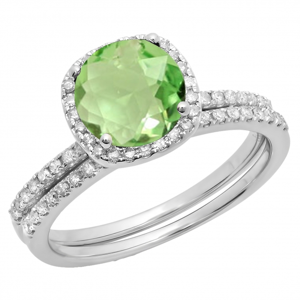 1.75 Carat (ctw) 10K White Gold Round Cut Peridot & White Diamond Ladies Bridal Halo Engagement Ring With Matching Band Set 1 3/4 CT