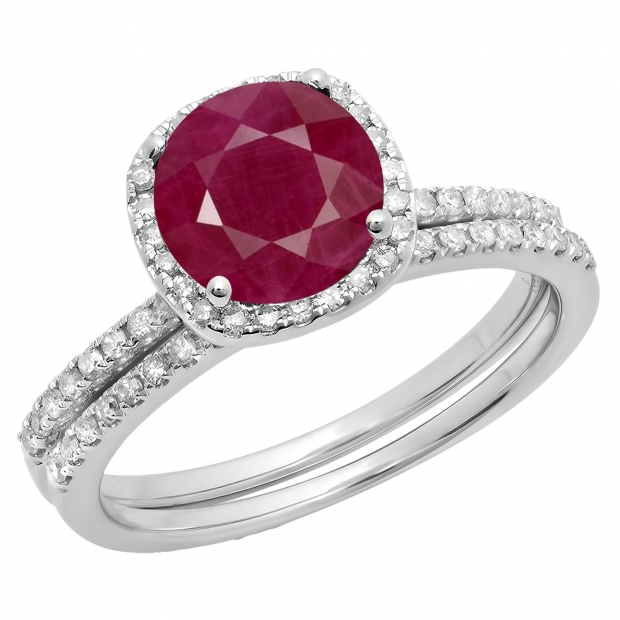 1.75 Carat (ctw) 10K White Gold Round Cut Ruby & White Diamond Ladies Bridal Halo Engagement Ring With Matching Band Set 1 3/4 CT