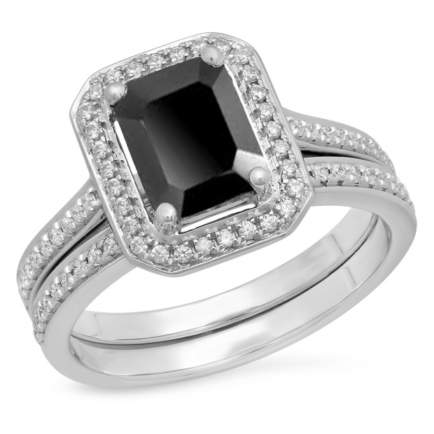3.20 Carat (ctw) Sterling Silver Emerald Cut Black & Round White Cubic Zirconia CZ Ladies Halo Style Bridal Engagement Ring Set