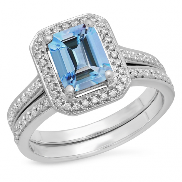 3.20 Carat (ctw) Sterling Silver Emerald Cut Sky Blue & Round White Cubic Zirconia CZ Ladies Halo Style Bridal Engagement Ring Set