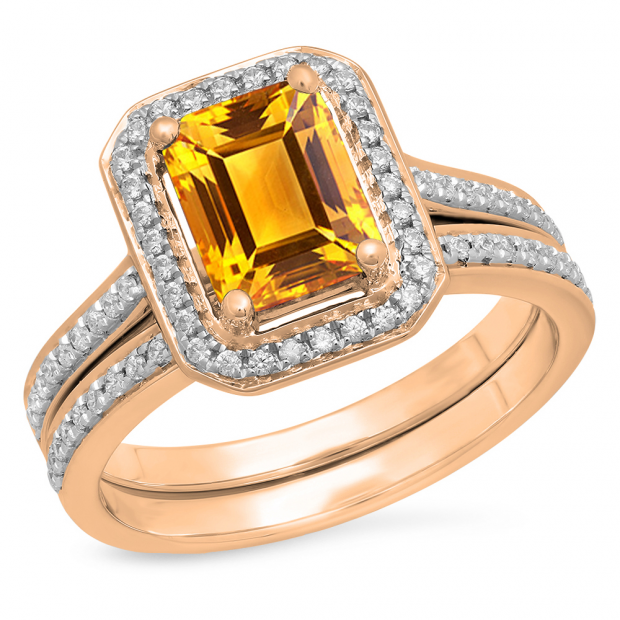 3.20 Carat (ctw) 10K Rose Gold Emerald Cut Yellow & Round White Cubic Zirconia CZ Ladies Halo Style Bridal Engagement Ring Set
