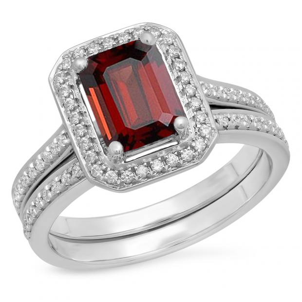 3.20 Carat (ctw) 10K White Gold Emerald Cut Deep Red & Round White Cubic Zirconia CZ Ladies Halo Style Bridal Engagement Ring Set