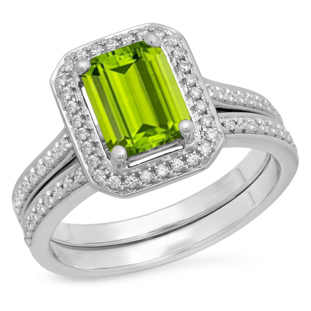 3.20 Carat (ctw) Sterling Silver Emerald Cut Green & Round White Cubic Zirconia CZ Ladies Halo Style Bridal Engagement Ring Set