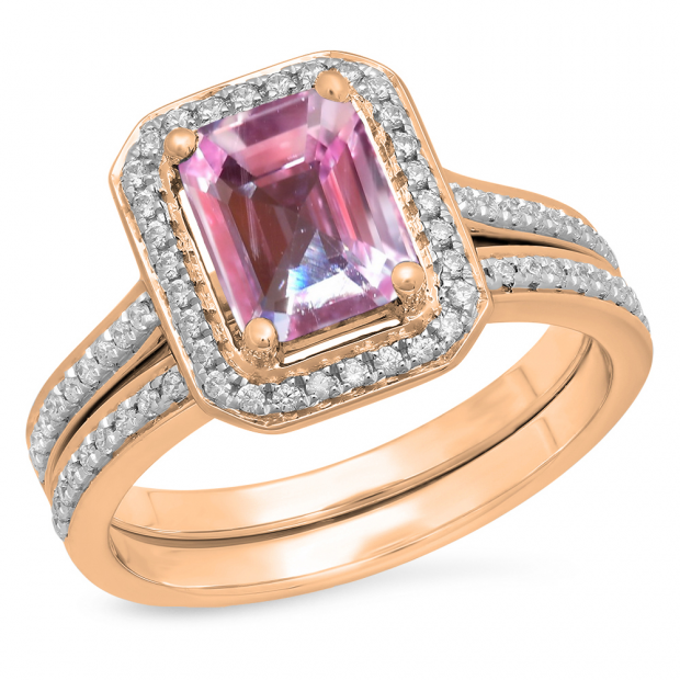 2.33 Carat (ctw) 10K Rose Gold Emerald Cut Pink & Round White Cubic Zirconia CZ Ladies Halo Style Bridal Engagement Ring Set