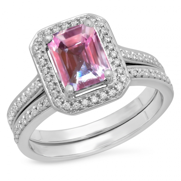 2.33 Carat (ctw) 10K White Gold Emerald Cut Pink & Round White Cubic Zirconia CZ Ladies Halo Style Bridal Engagement Ring Set