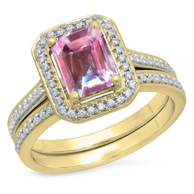 2.33 Carat (ctw) 10K Yellow Gold Emerald Cut Pink & Round White Cubic Zirconia CZ Ladies Halo Style Bridal Engagement Ring Set