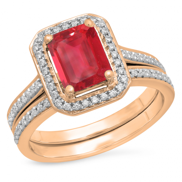 3.20 Carat (ctw) 10K Rose Gold Emerald Cut Red & Round White Cubic Zirconia CZ Ladies Halo Style Bridal Engagement Ring Set