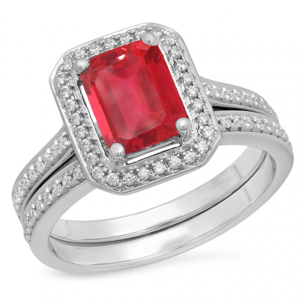 3.20 Carat (ctw) 10K White Gold Emerald Cut Red & Round White Cubic Zirconia CZ Ladies Halo Style Bridal Engagement Ring Set