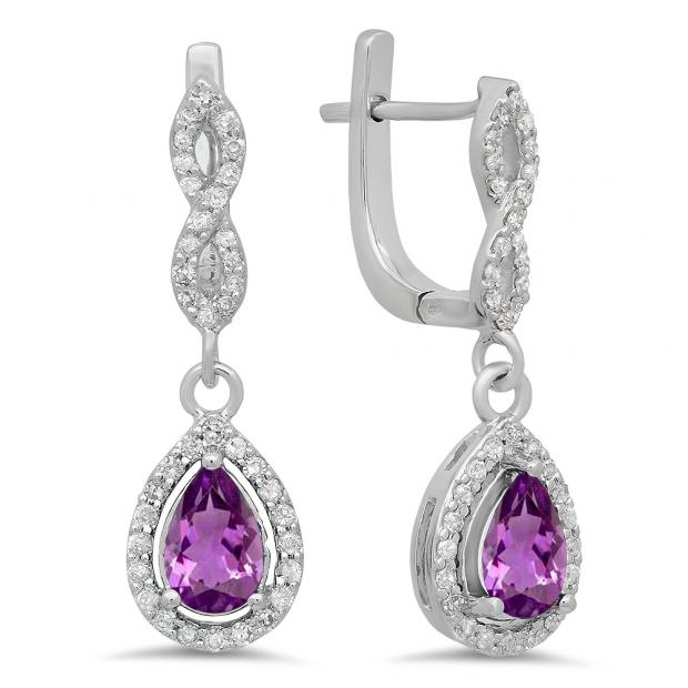 1.30 Carat (ctw) 10K White Gold Pear Cut Amethyst & Round Cut White Diamond Ladies Halo Style Dangling Drop Earrings