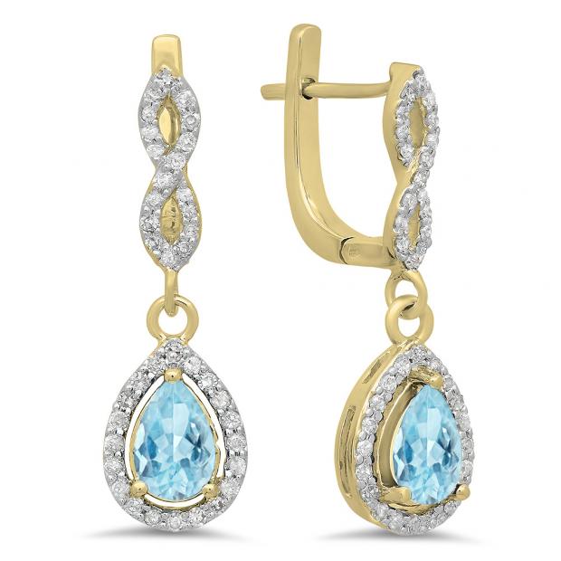 1.30 Carat (ctw) 14K Yellow Gold Pear Cut Aquamarine & Round Cut White Diamond Ladies Halo Style Dangling Drop Earrings