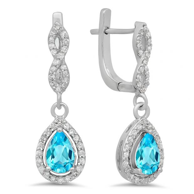 1.30 Carat (ctw) 14K White Gold Pear Cut Blue Topaz & Round Cut White Diamond Ladies Halo Style Dangling Drop Earrings