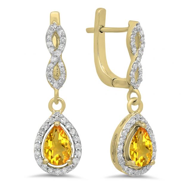 1.30 Carat (ctw) 14K Yellow Gold Pear Cut Citrine & Round Cut White Diamond Ladies Halo Style Dangling Drop Earrings
